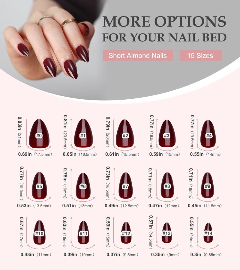 morily Short Press on Nails Almond, 30Pcs Burgundy Fake Nails in 15 Sizes Glossy Wine Red False Nails Reusable Acrylic Stick on Nails for Women - Image 5